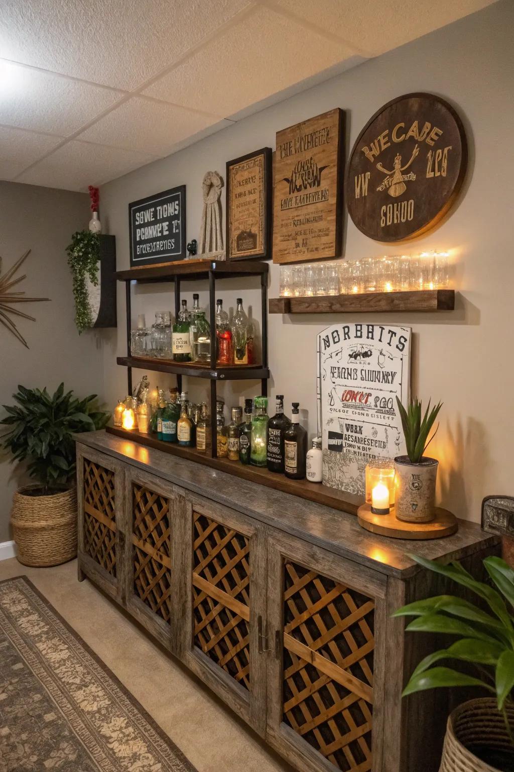 Personalized embellishments for a distinctive home bar.