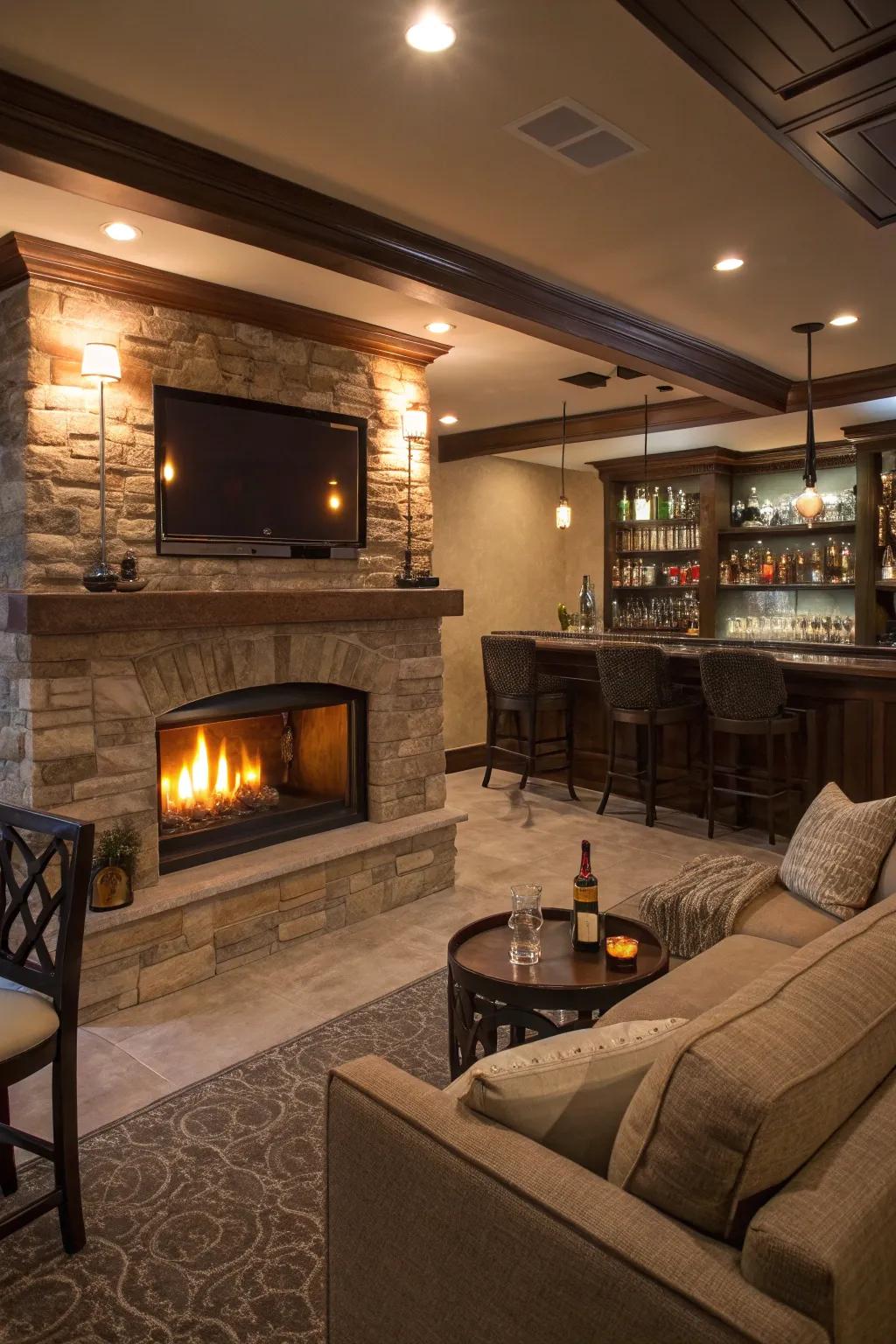 A hearth establishes a welcoming and snug bar ambiance.