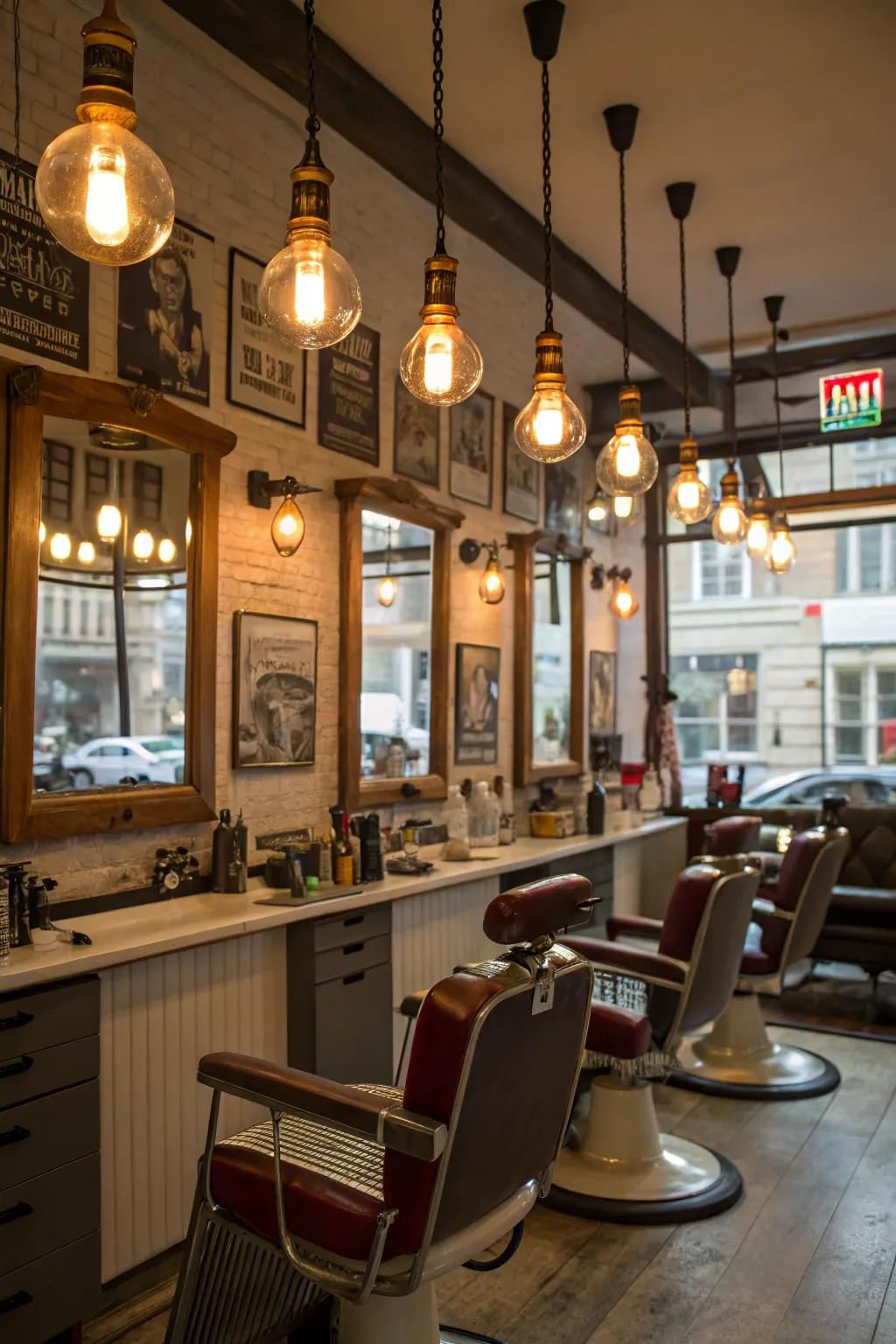Classic bulbs emit a warm and inviting glow in a barbershop.