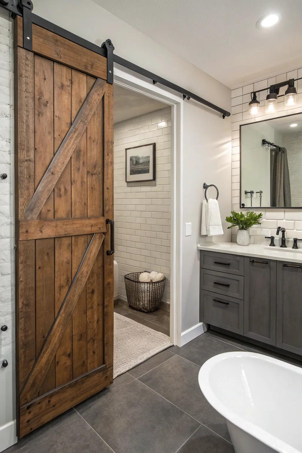 Metallic accents amplify the barn door's persona and style.
