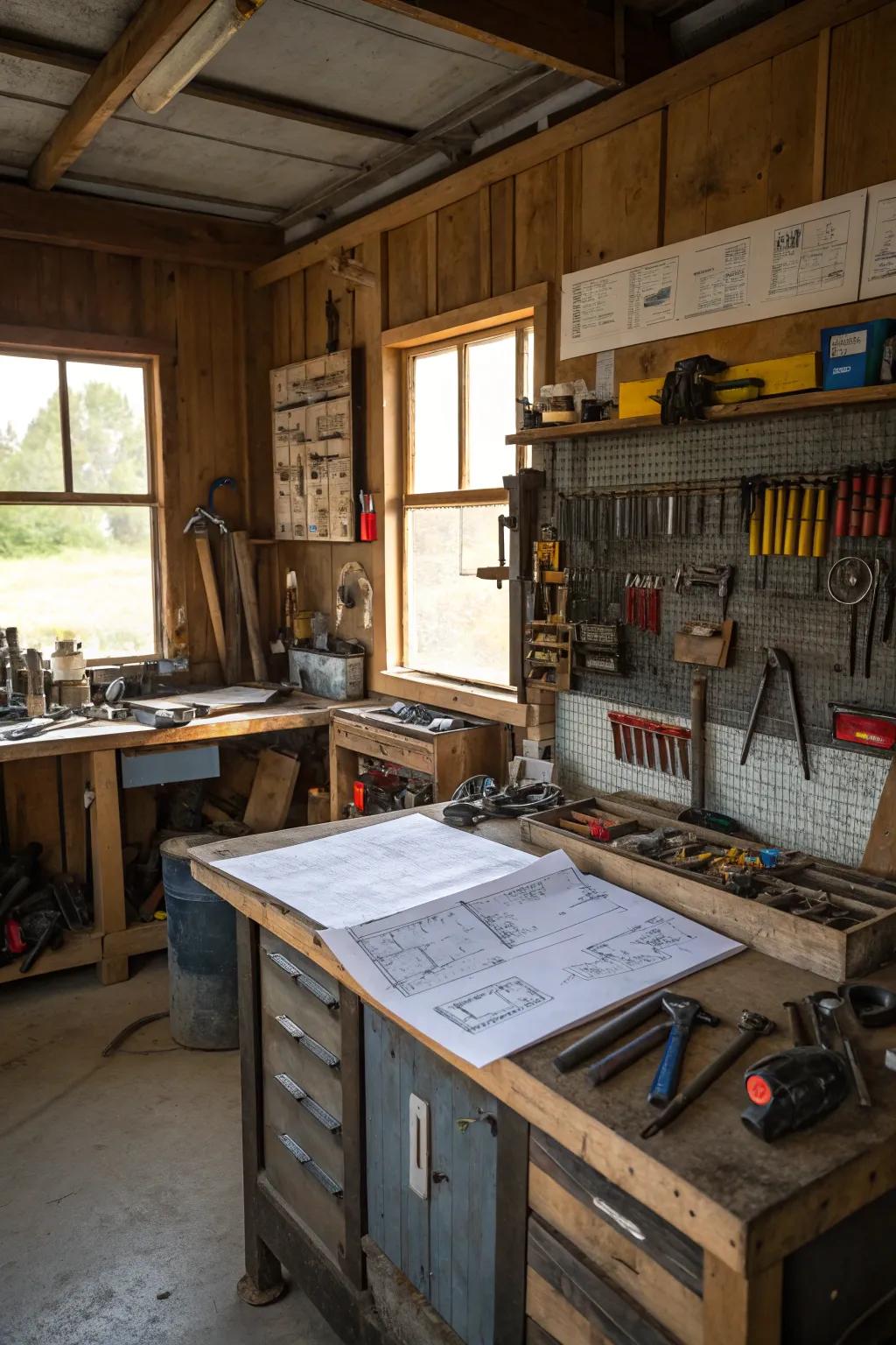 A dedicated crafting corner inspires creativity within this barn garage.