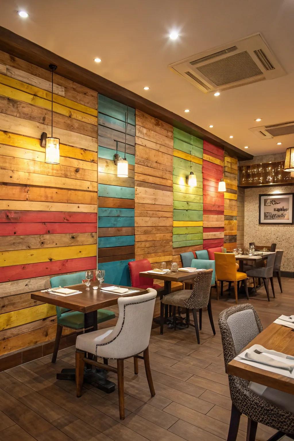 Incorporate vibrancy and character with a multicolored pallet wood wall.