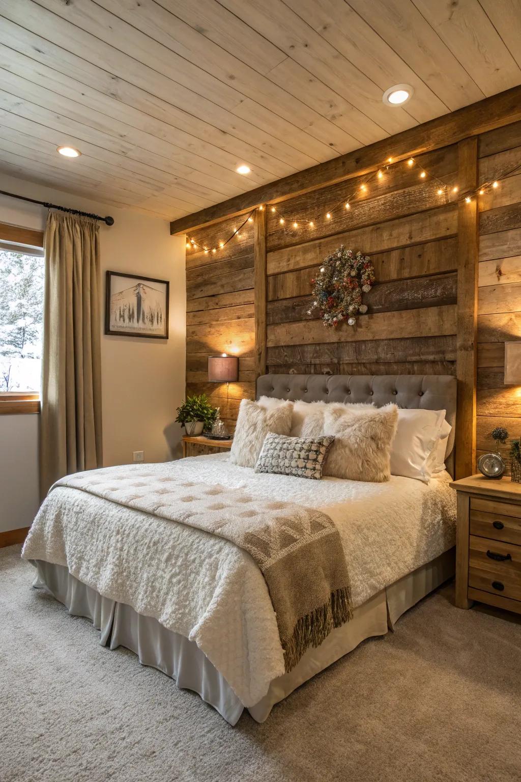 A wood plank feature wall elevating a snug sleeping quarters.
