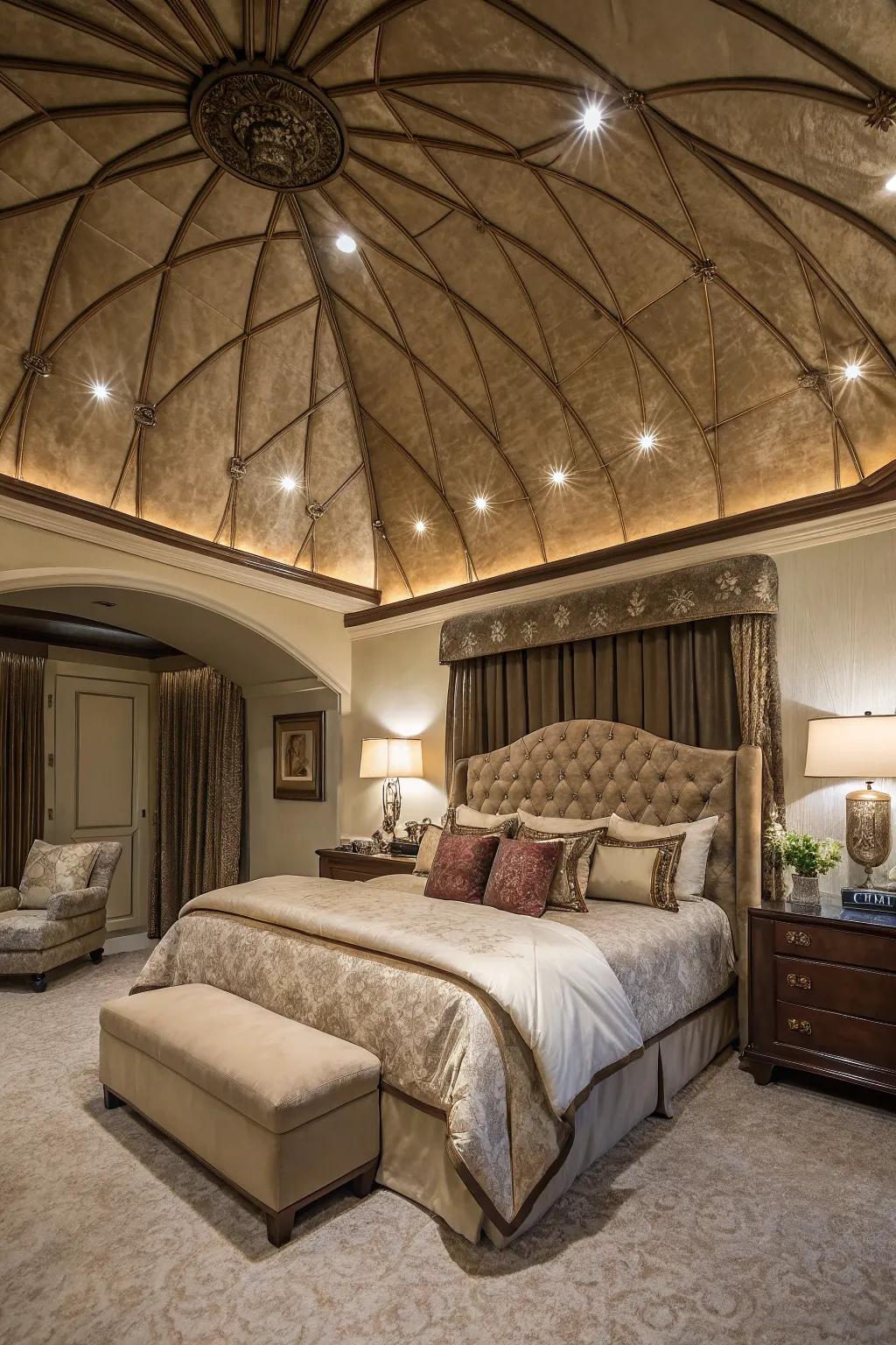 A sumptuous principal sleeping quarters showcasing an opulent arched ceiling.