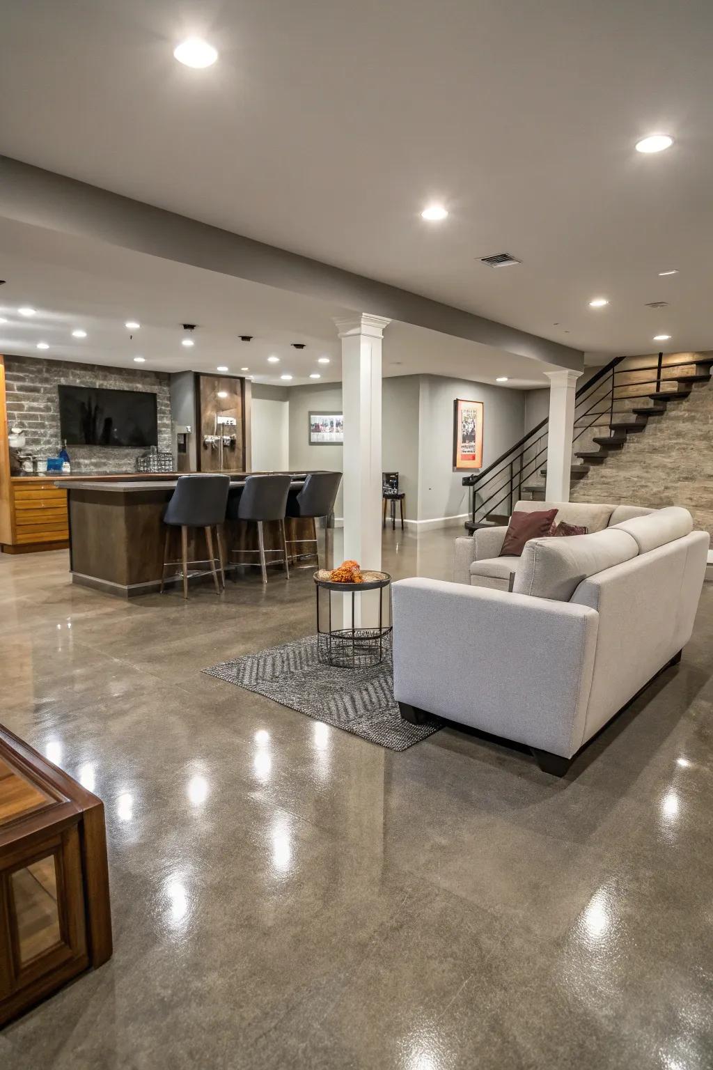 Epoxy coatings enhance the durability of concrete floors and provide a lustrous finish.