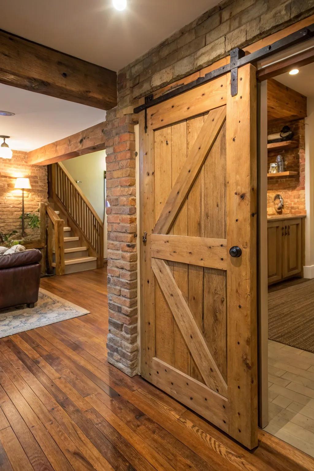 A basement door made from reclaimed wood adds warmth to the space.