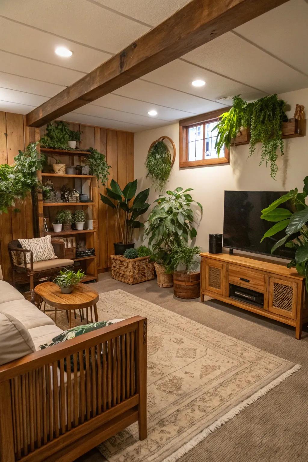 Natural accents bring life and warmth to this inviting basement space.