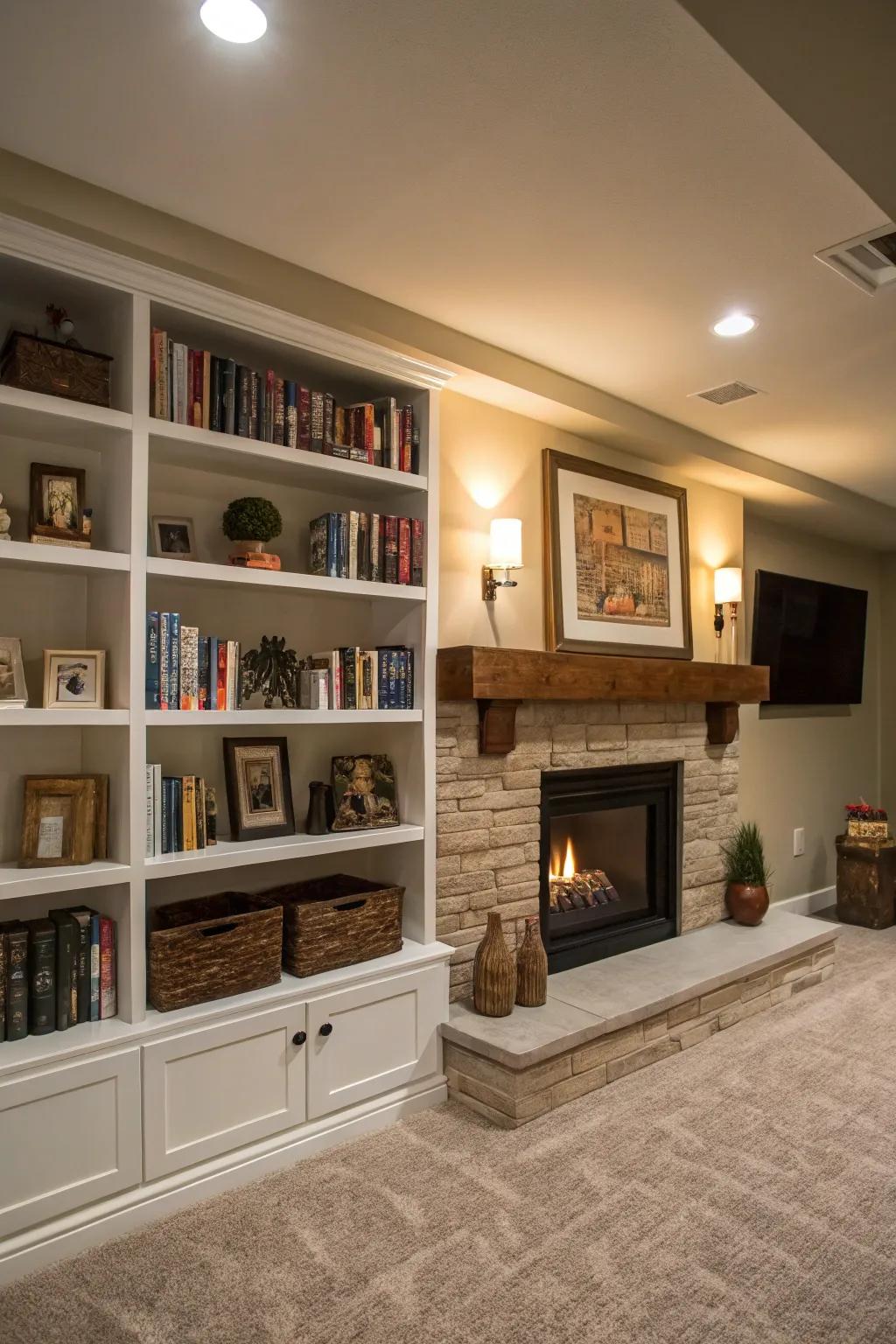 Integrated shelving unites style and utility.