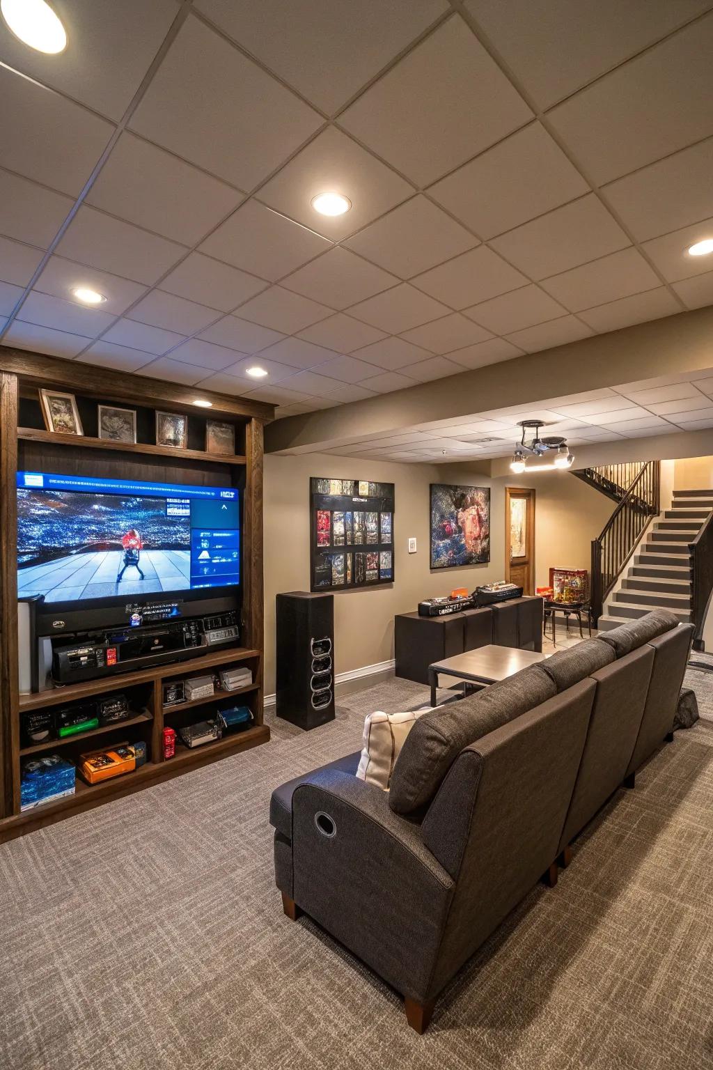 A basement TV wall with an entertainment zone featuring a gaming sector for assorted pursuits.