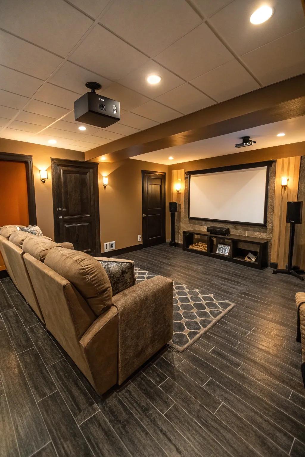 Dark-toned vinyl flooring fashions a snug atmosphere.