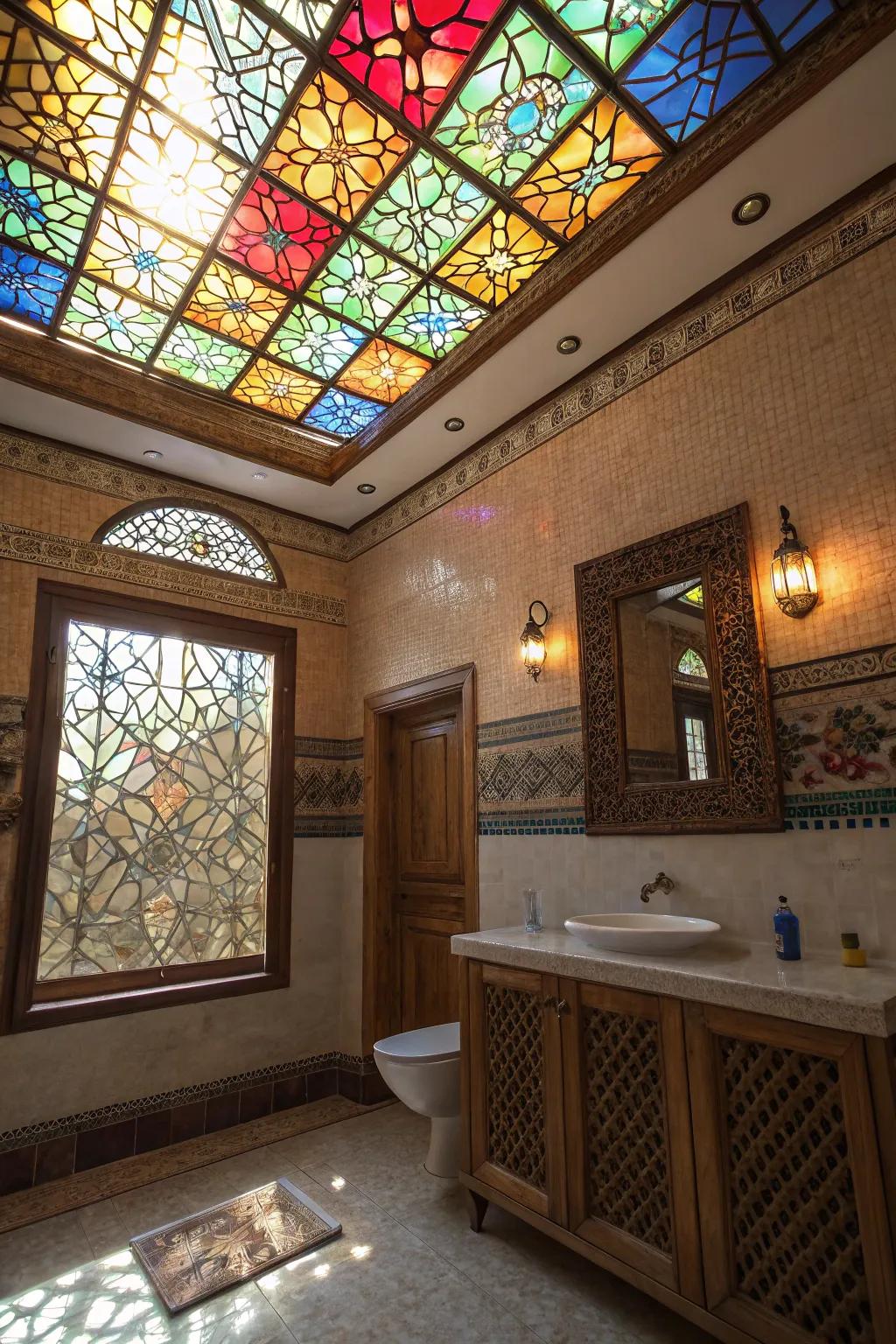 Stained glass ceilings turn your bathroom into an artistic and vibrant space.