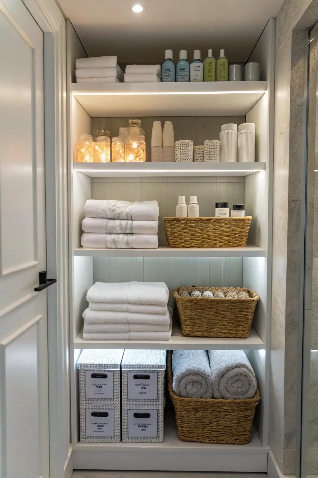 LED lighting enhances the visual appeal of an organized bathroom closet.