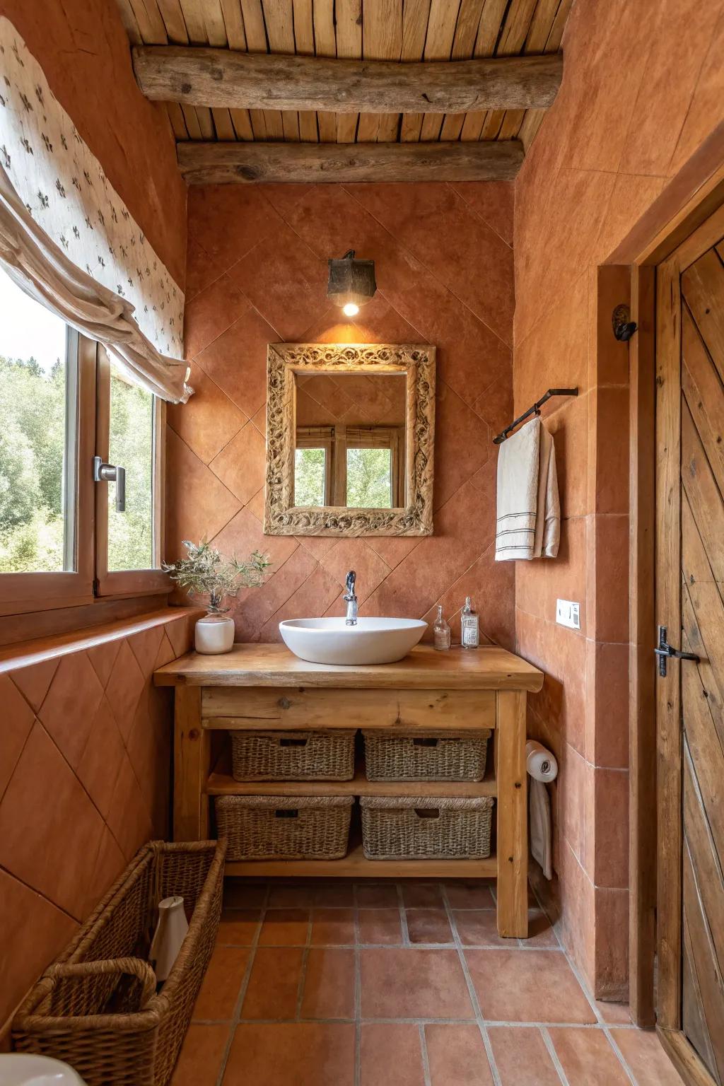 Earthen clay brings warmth and rustic charm to the bathroom.