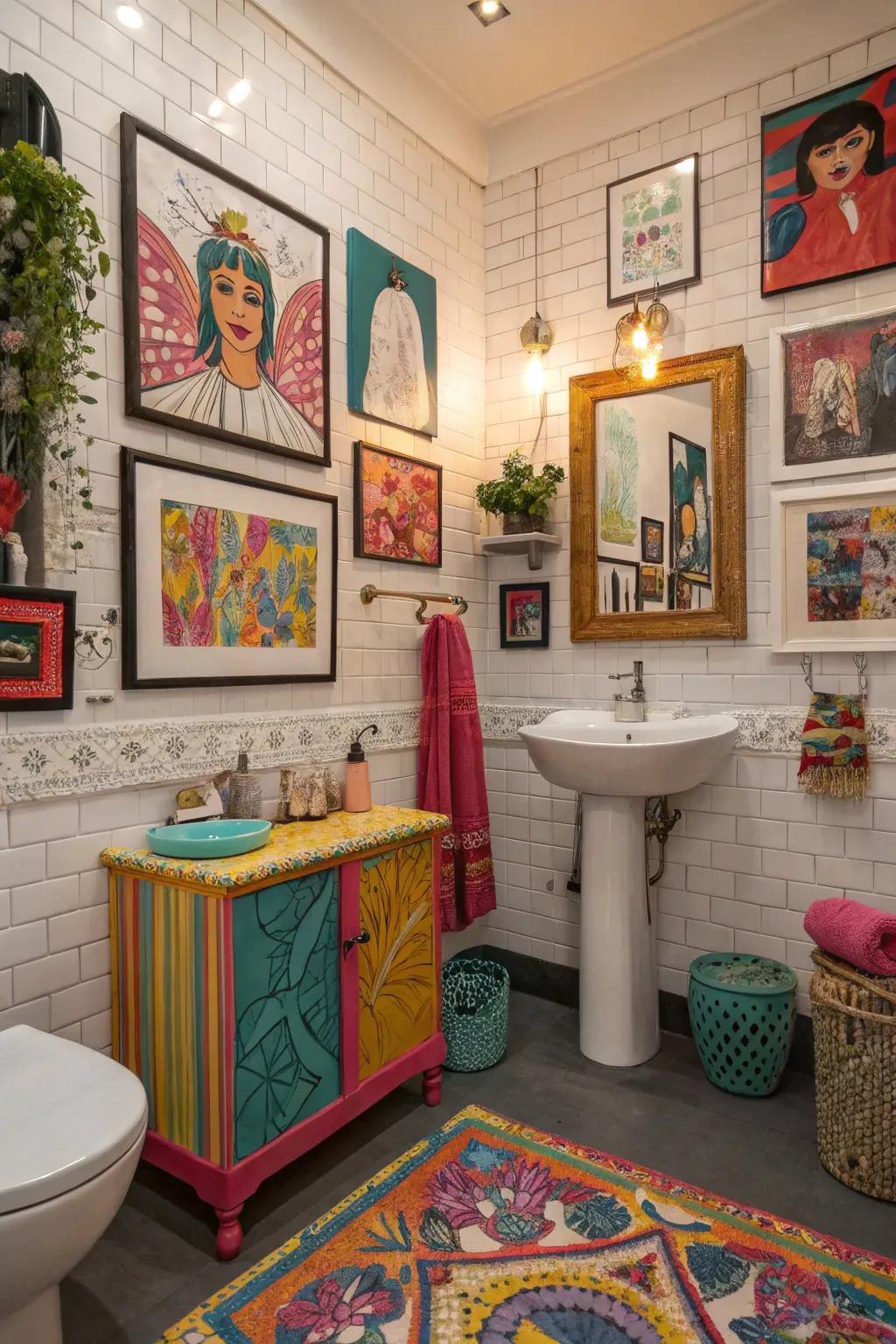 An artistic and eclectic bathroom featuring colorful art and decor.