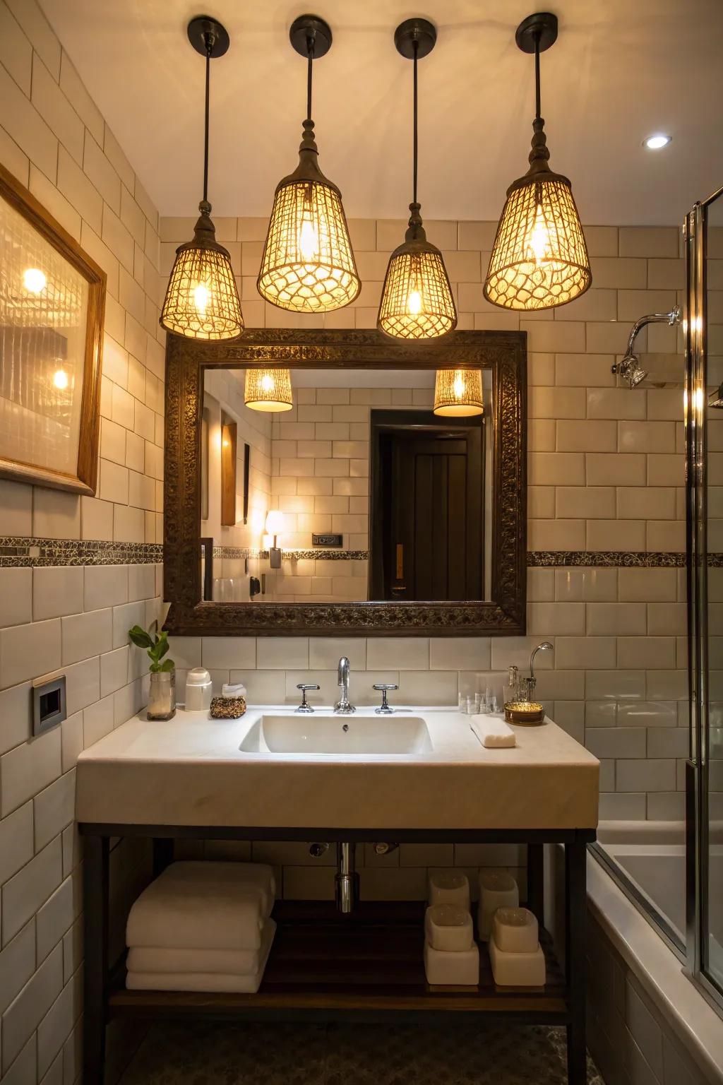 Statement lighting to enhance bathroom ambiance.