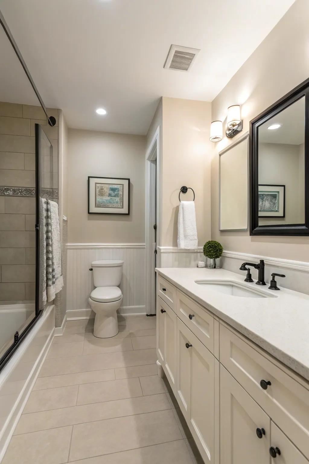 Streamlined, minimalist edging enriches a pristine, contemporary bath space.