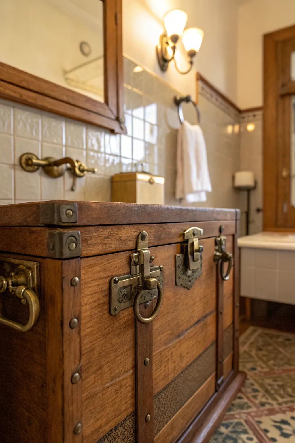 Period gilded catches introduce vintage charm to any vanity.