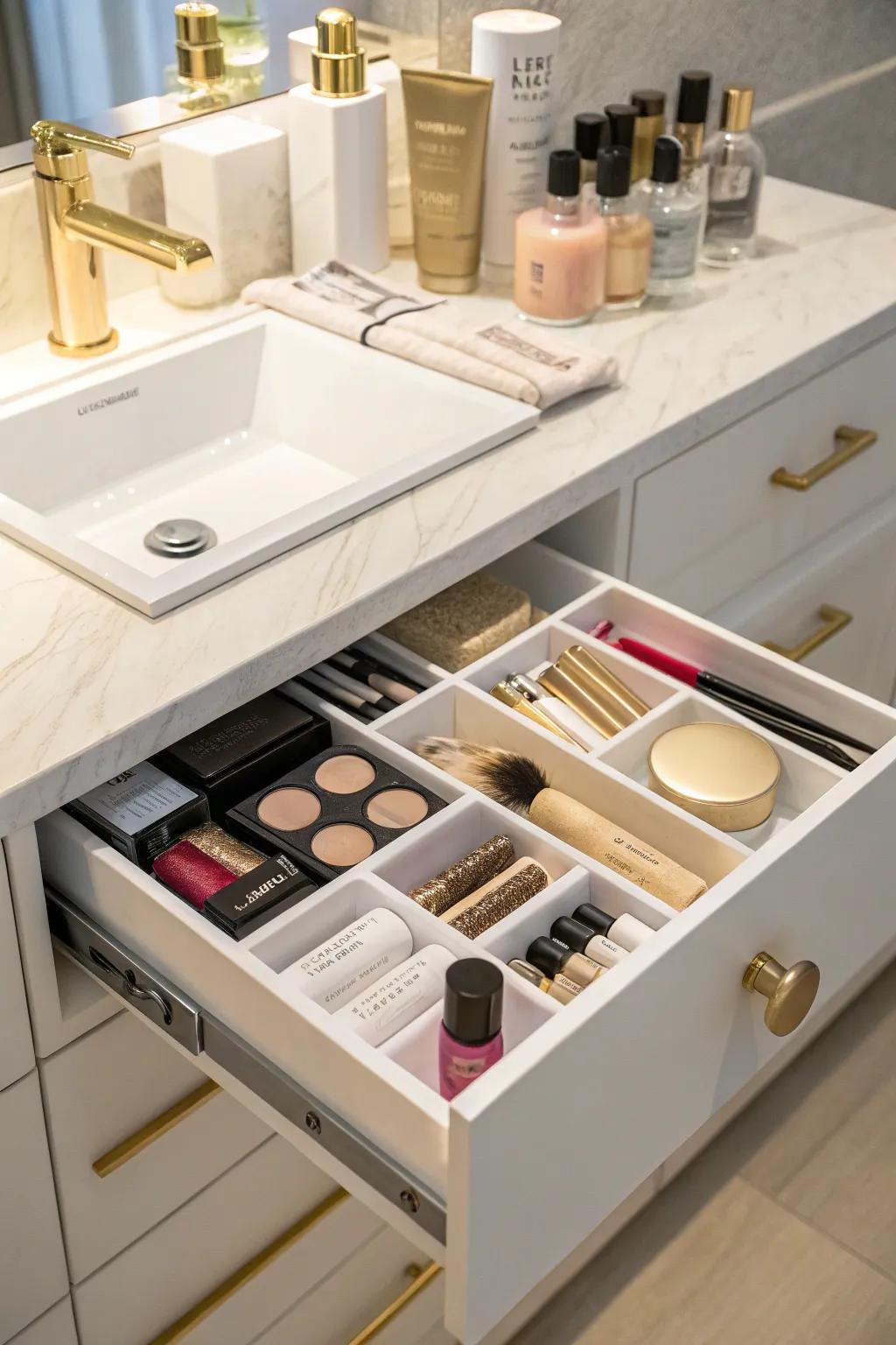 Modular systems enhance drawer organization.