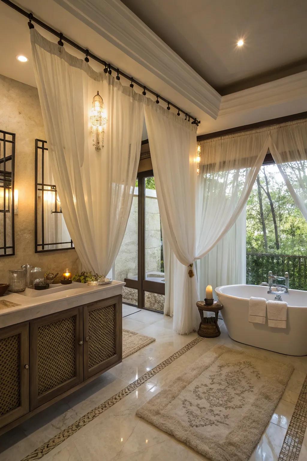 Sheer drapes create a peaceful, spa-like feel in the bathroom.