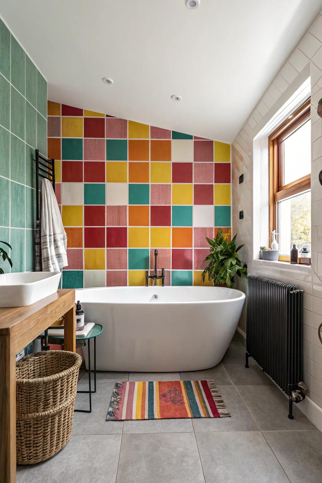 An eye-catching stone accent wall becomes the focal point in this bathroom.