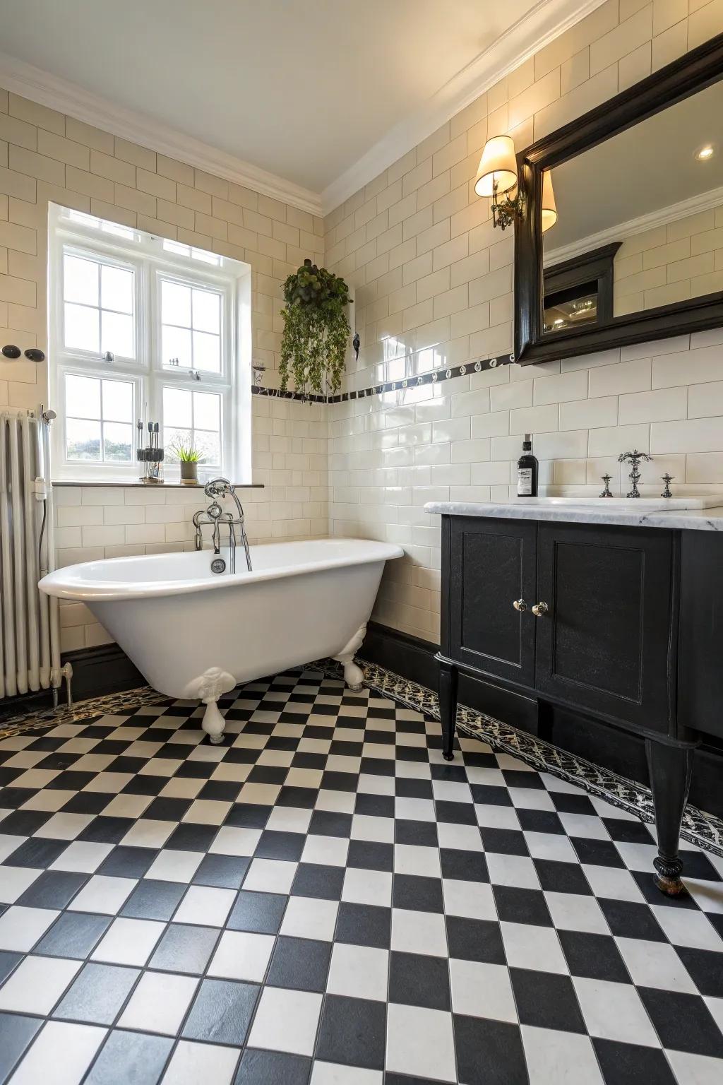 A chessboard pattern brings an ageless allure to this modern bathroom.