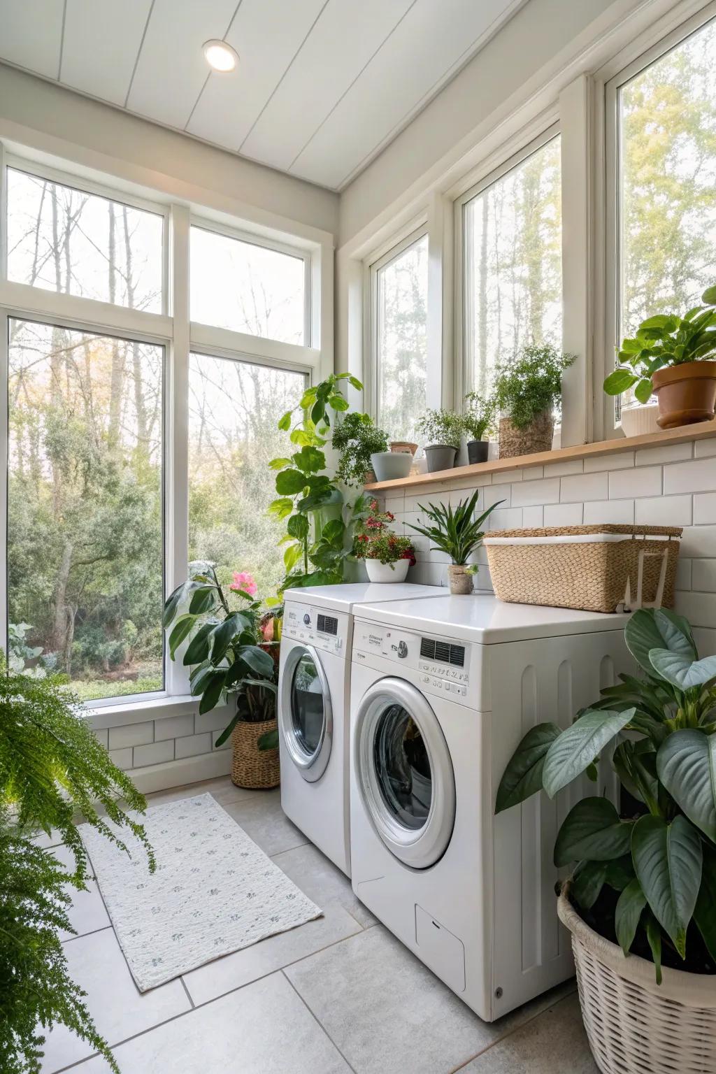 Greenery adds a natural element and serenity to the laundry space.