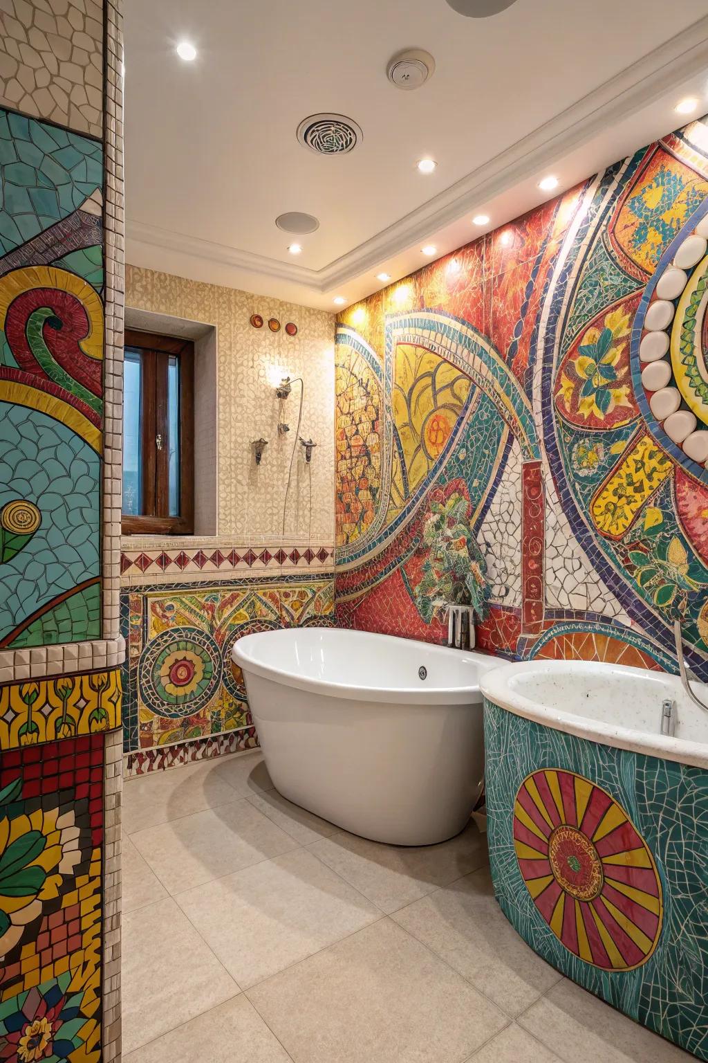 Transform your bathtub into a masterpiece with artistic mosaic tile details.
