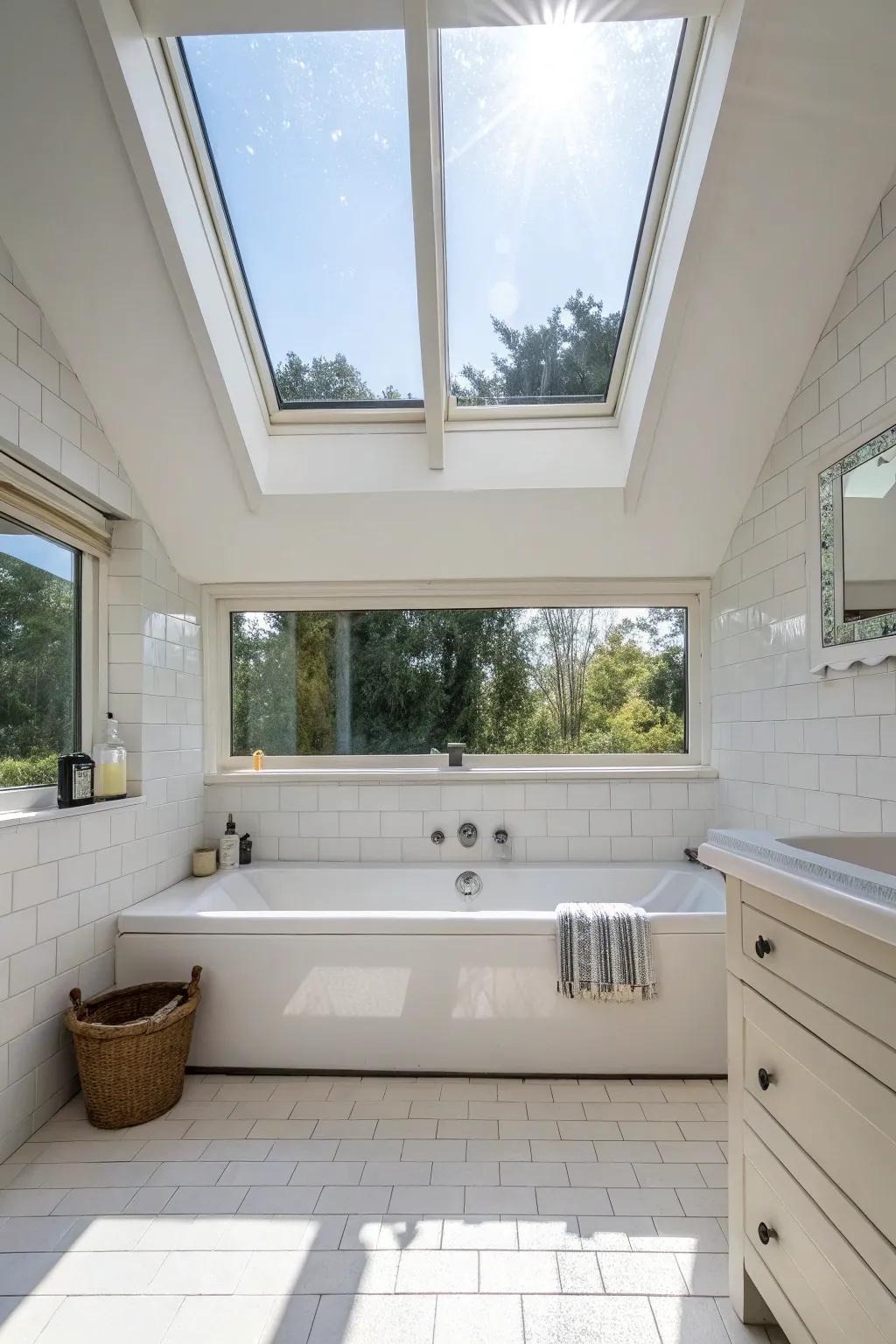 Natural light filtering through a skylight enriches the bathroom's ambiance.