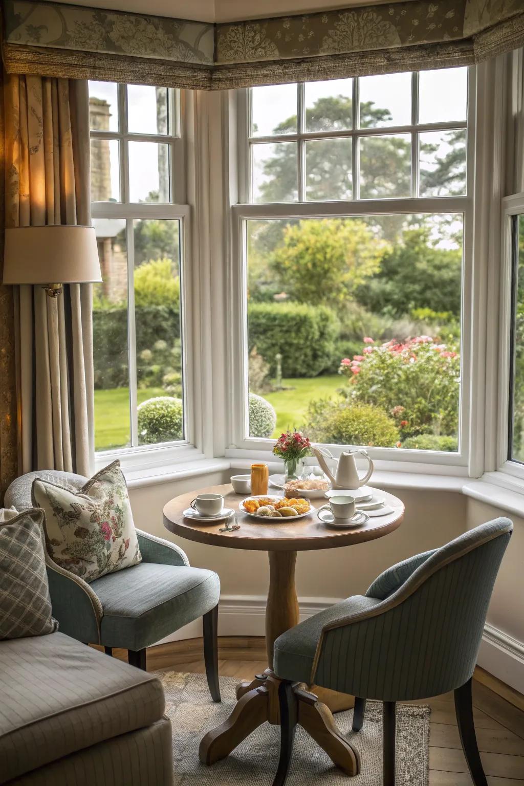 A cozy breakfast nook within the bay window crafts a delightful start to the day.