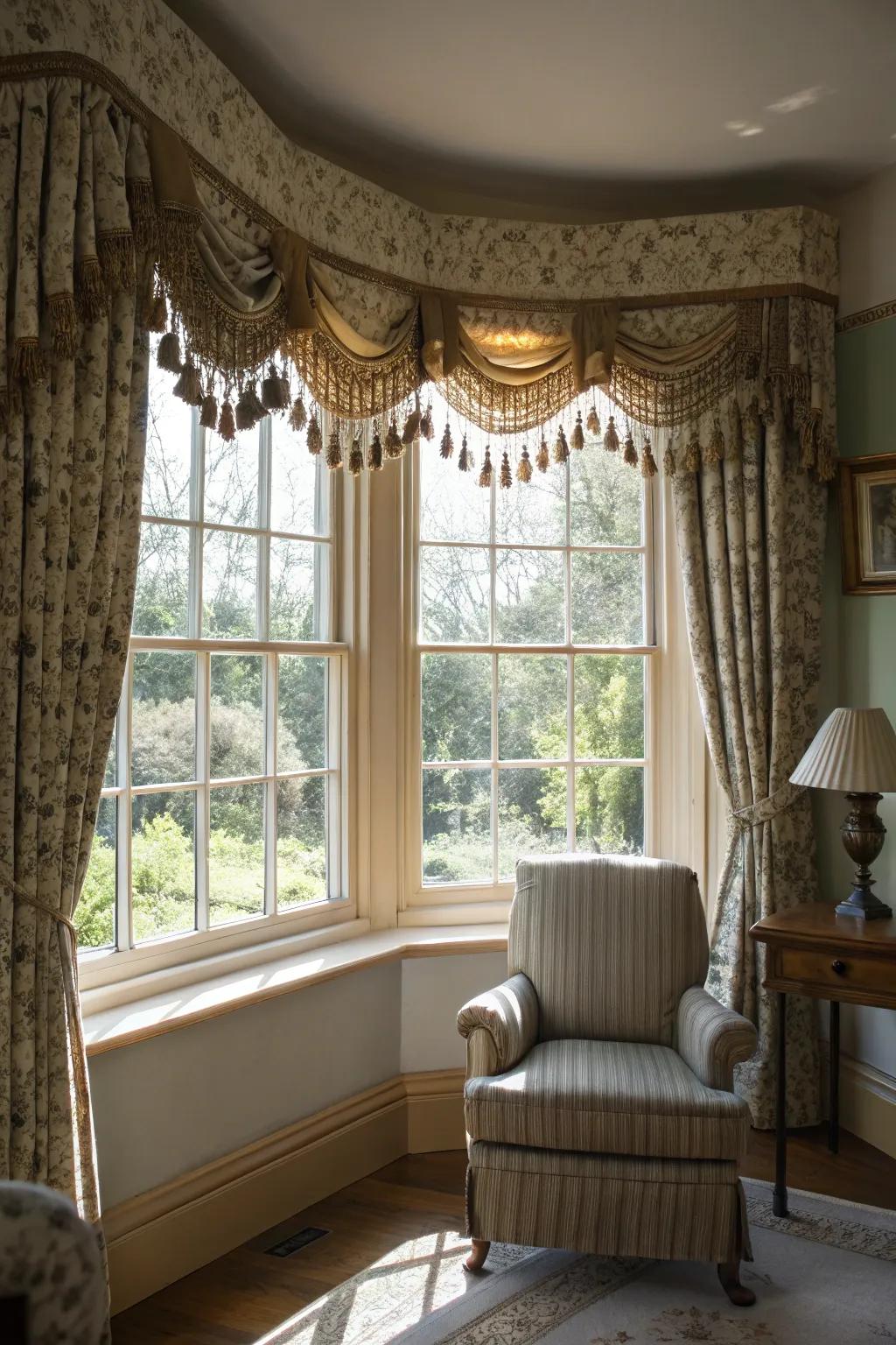 Tassels and ties heighten window coverings.