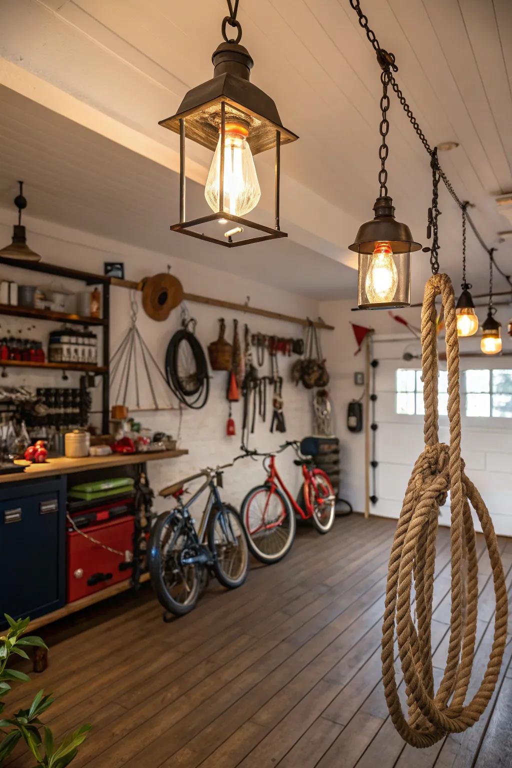 This garage is enhanced by nautical lighting, which adds coziness and warmth.