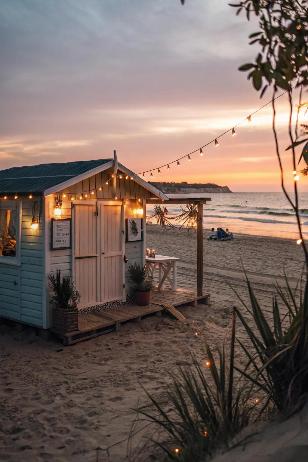 Sea-inspired lighting creates a cozy atmosphere around the outbuilding.