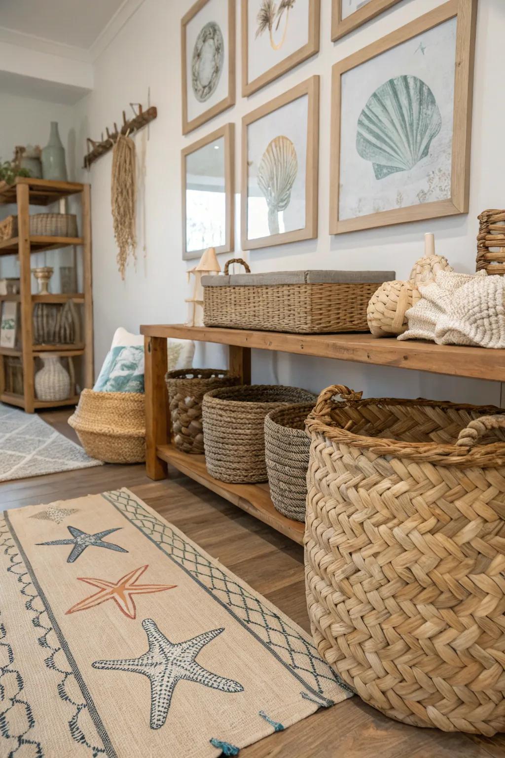 Layered textures impart profundity and coastal allure.