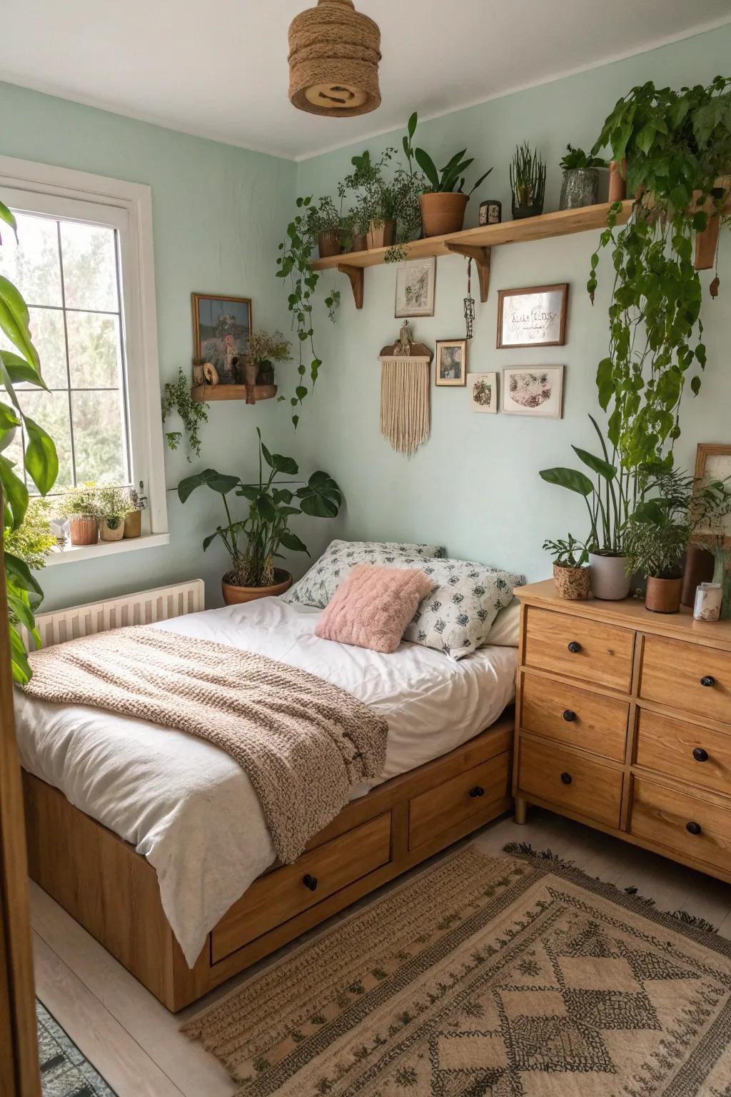 Natural elements provide a refreshing touch to a corner bed.