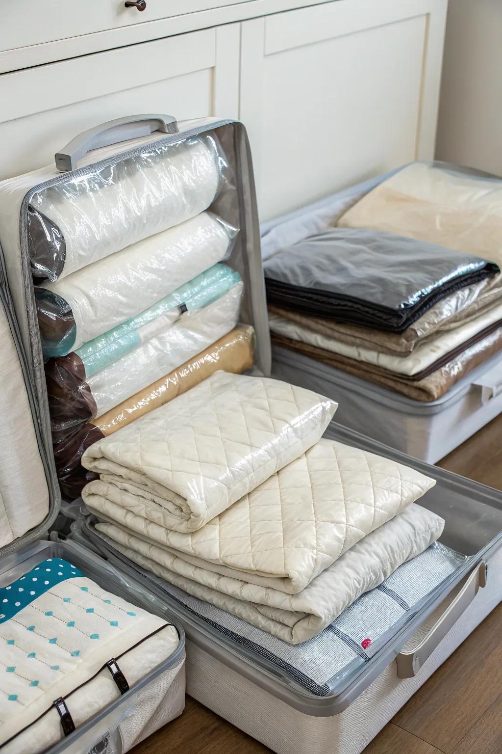 Vacuum-sealed bags protect and conserve space.