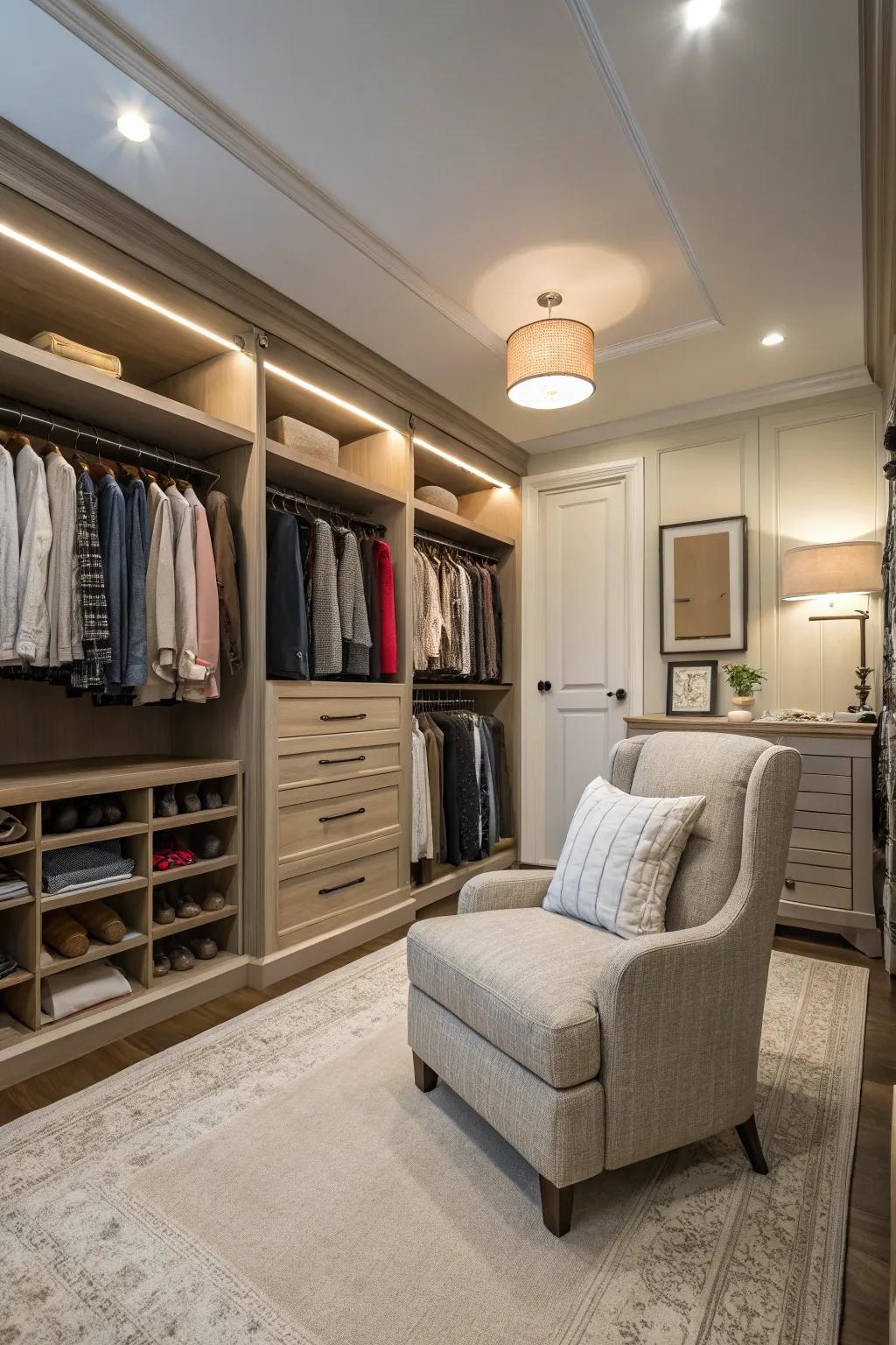 A seating area enhances the comfort and style of your closet.