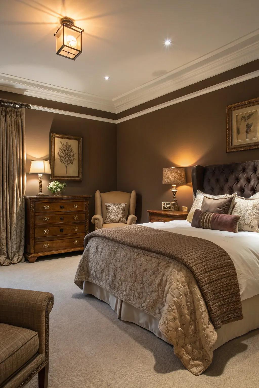 Abundant chocolate tones fashion a luxurious and intimate bedroom setting.