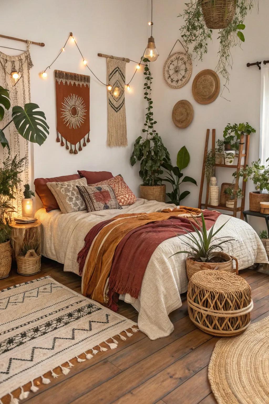A mix of textiles and plants creates a relaxed, bohemian inspired vibe in this bedroom.