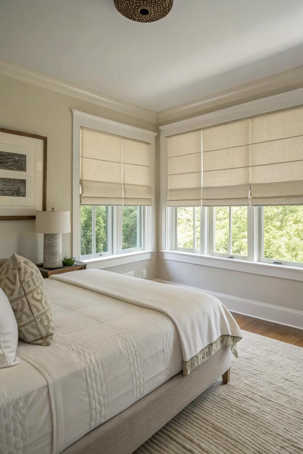 Roman shades deliver a sleek and organized look for minimalist spaces.