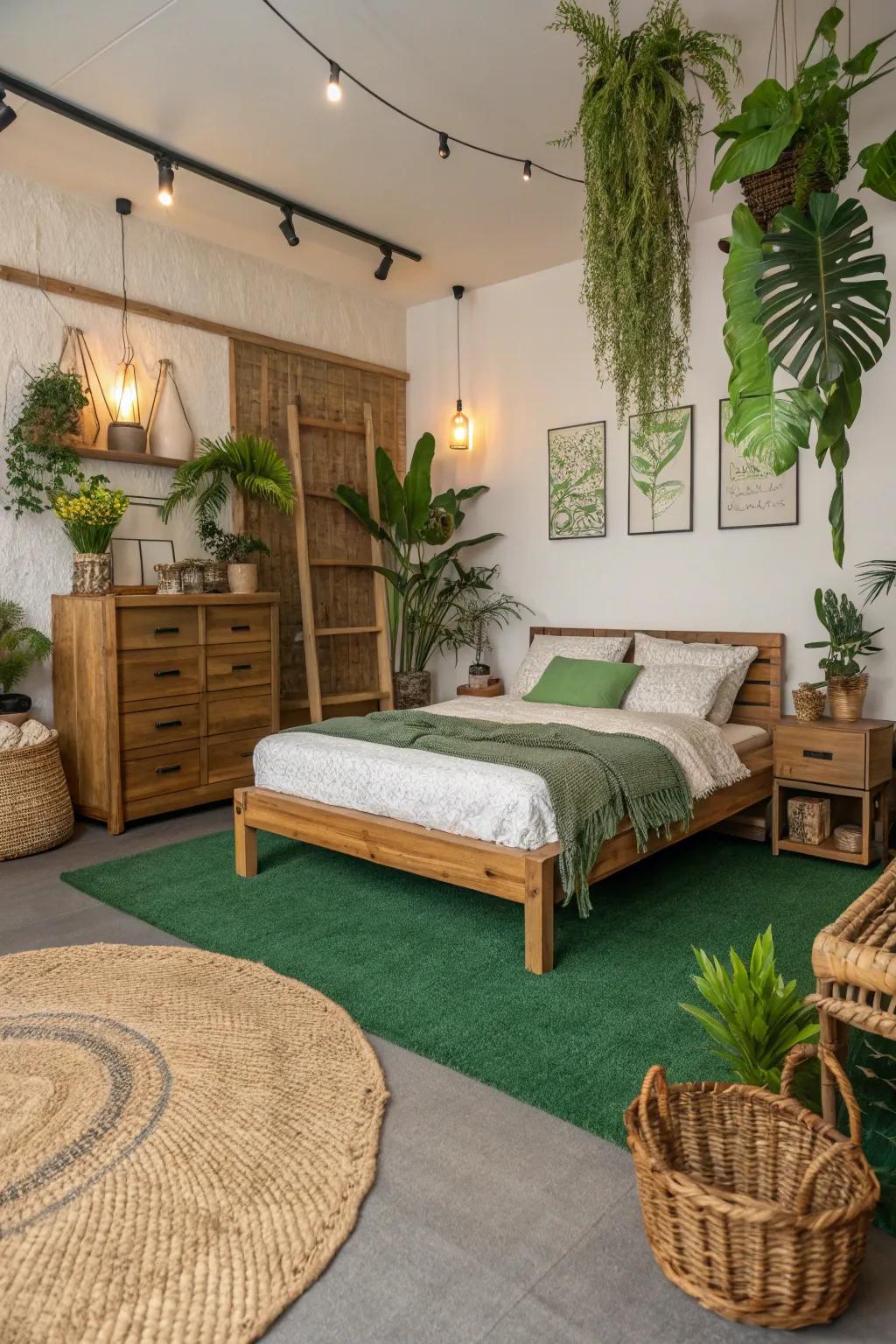 Sustainable decor harmonizes with the verdant floor covering, crafting a nature-inspired sanctuary.
