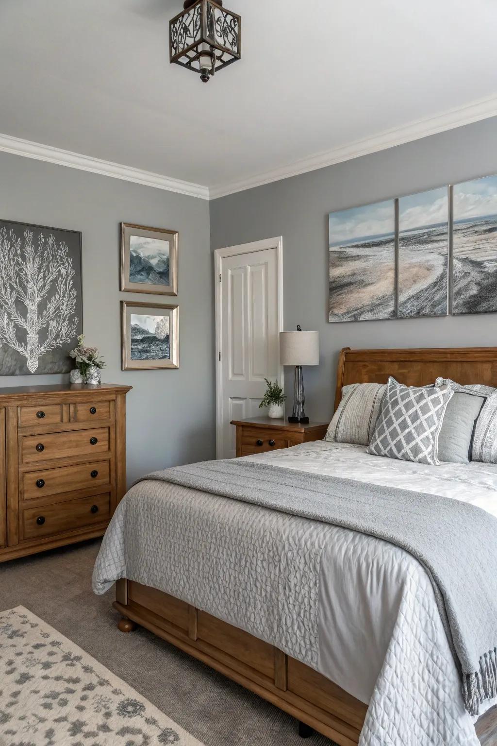 Grey wall art elevating the room's equilibrium.