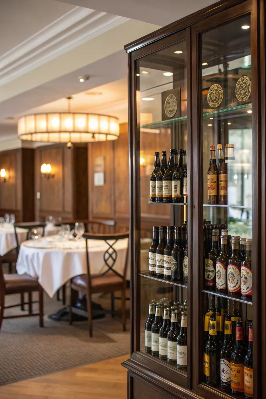An elegant glass exhibition cupboard with brew bottles in a dining space.