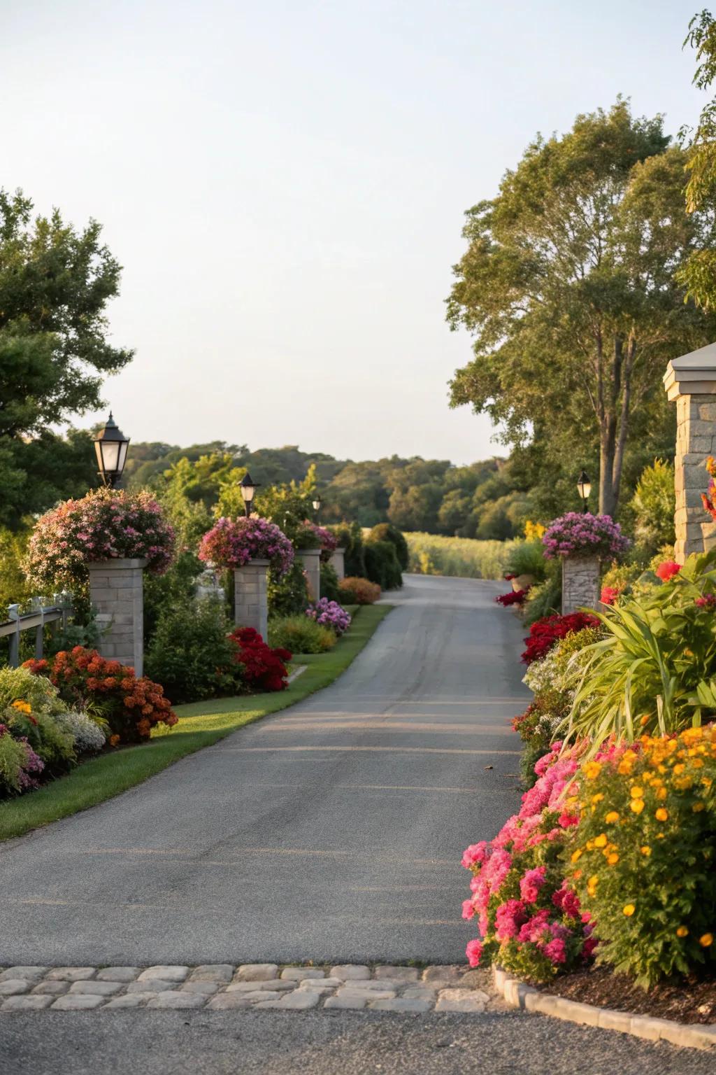 A driveway beautifully lined with vibrant plant-life accents for a natural look.