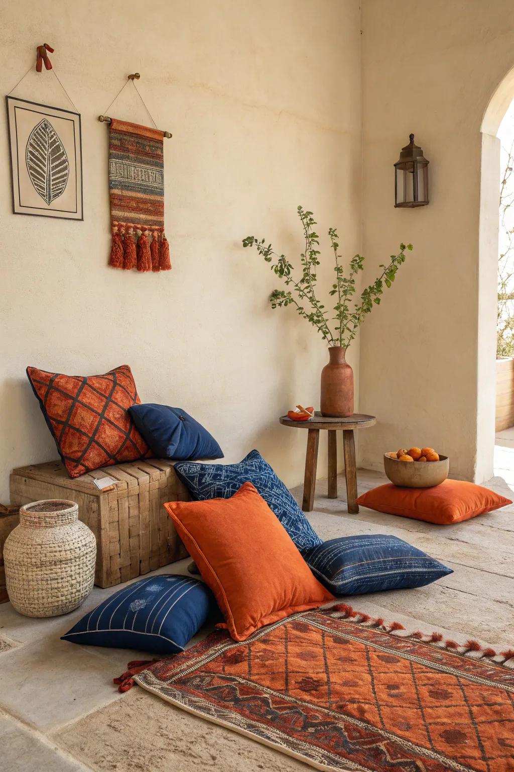 Vivid hues establish a captivating contrast within this beige area.