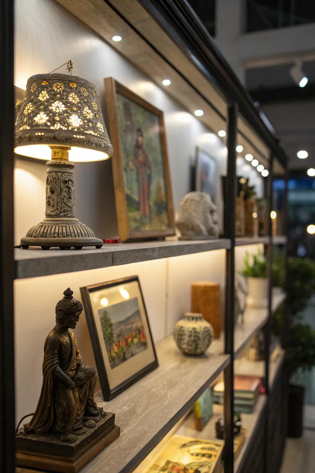 Under-shelf lighting subtly highlighting art collectibles