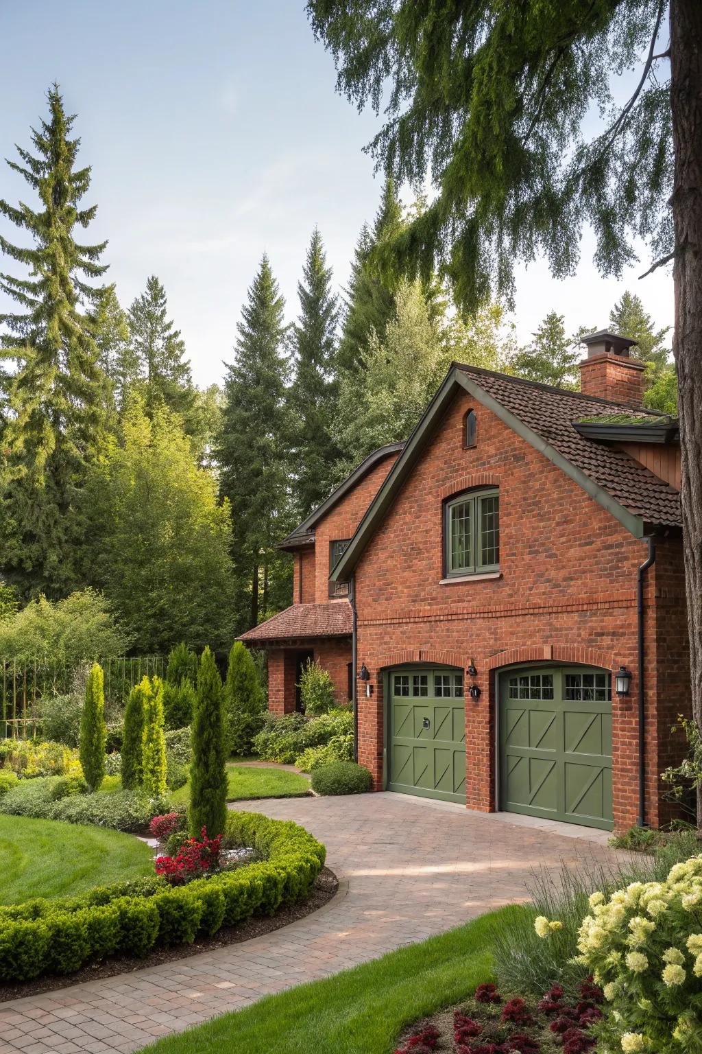 Verdant garage doors add natural harmony to red brick homes.