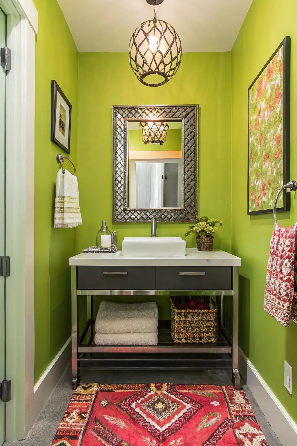 A vibrant powder room with lime green walls.