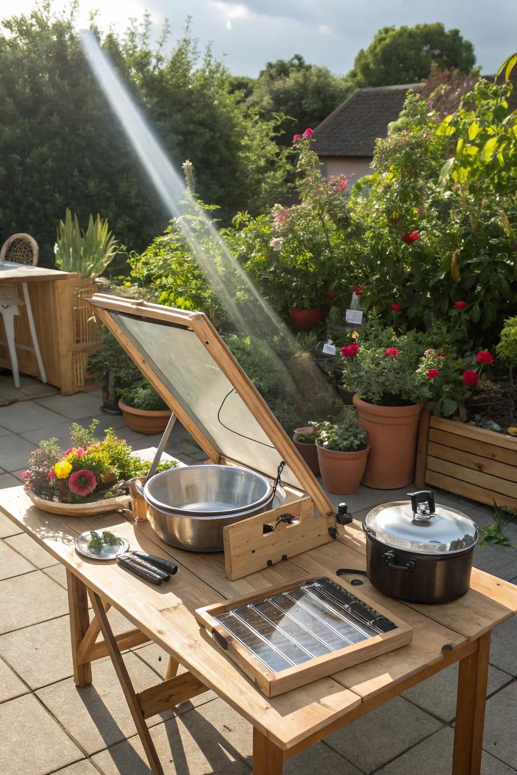 Cook sustainably with solar energy using a solar oven.