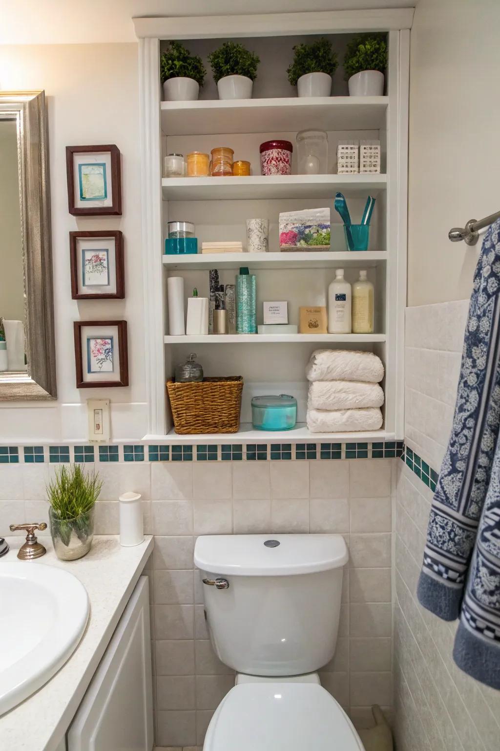 Recessed shelving elegantly integrates storage into the wall.