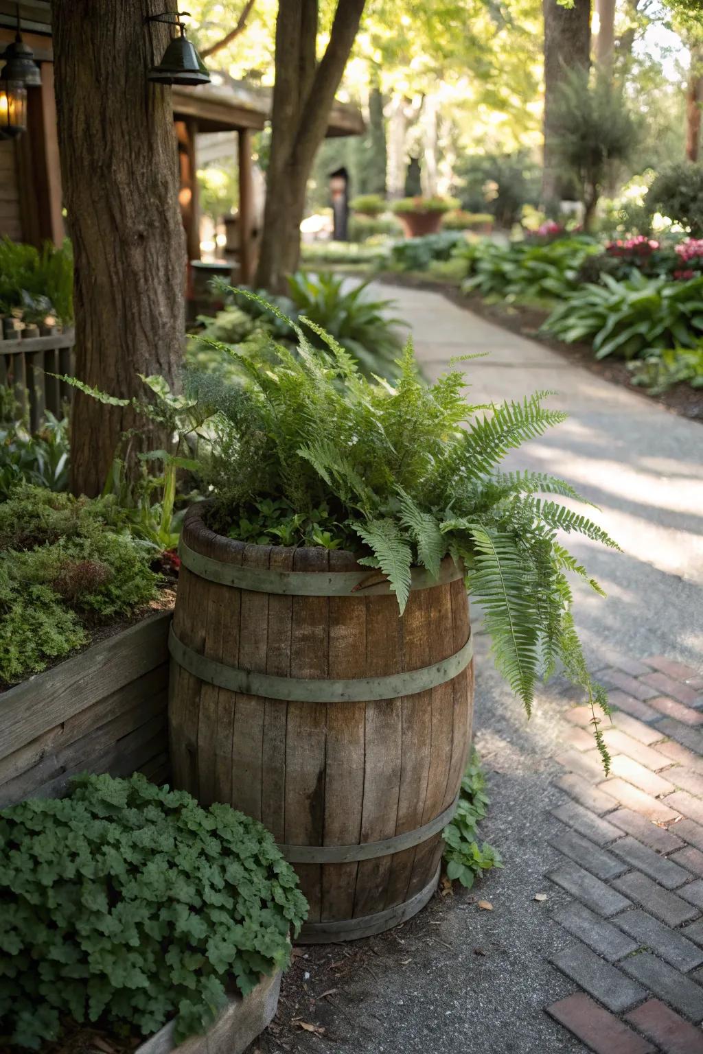 Textured ferns beautifully adorning a whiskey barrel.